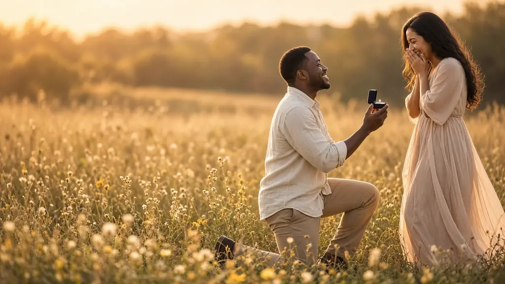 A man kneels in a golden meadow at sunset holding an open ring box with a diamond ring while his partner covers her mouth, laughing with joy